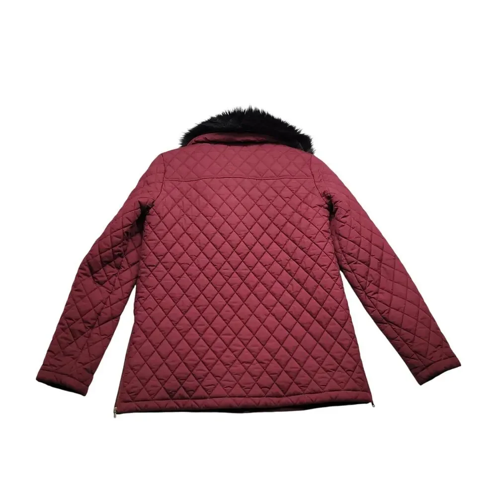 Tommy Hilfiger Womens Quilted Puffer Jacket Faux Fur Hood Burgundy Size S